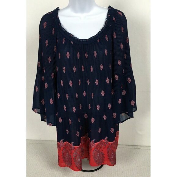 Catherines Petite Womens Top Size 2XWP Navy Blue Red Boho Print Bell Sleeve - Picture 6 of 14